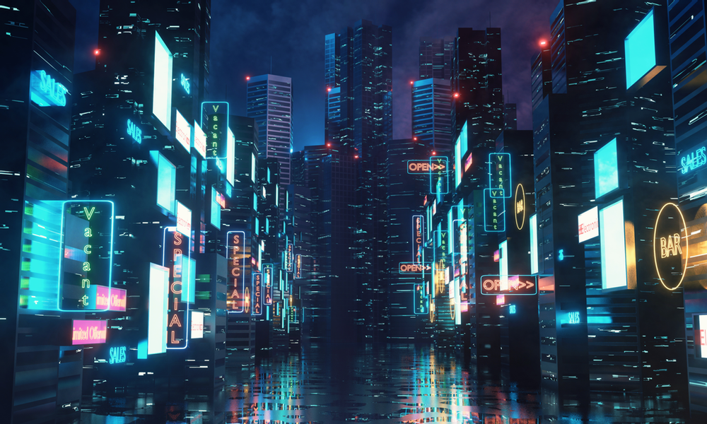 futuristic, cyberpunk city street with neon signs and a cloudy sky