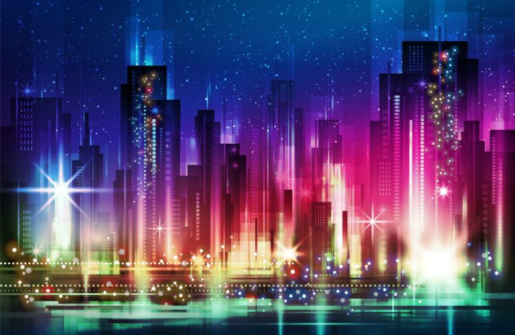 nightcityillustrationwithneonglowandvividcolors