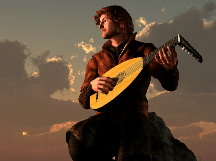 a young man with red hair and wearing a brownish-red tunic sitting on a rock playing a mandolin