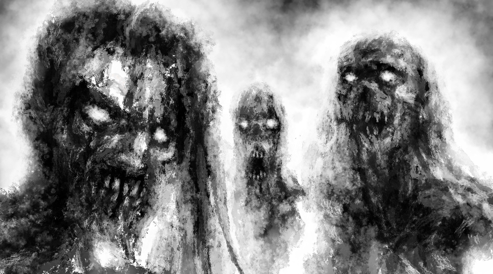 scary mythical creatures: black and white charcoal design of three zombie-like figures