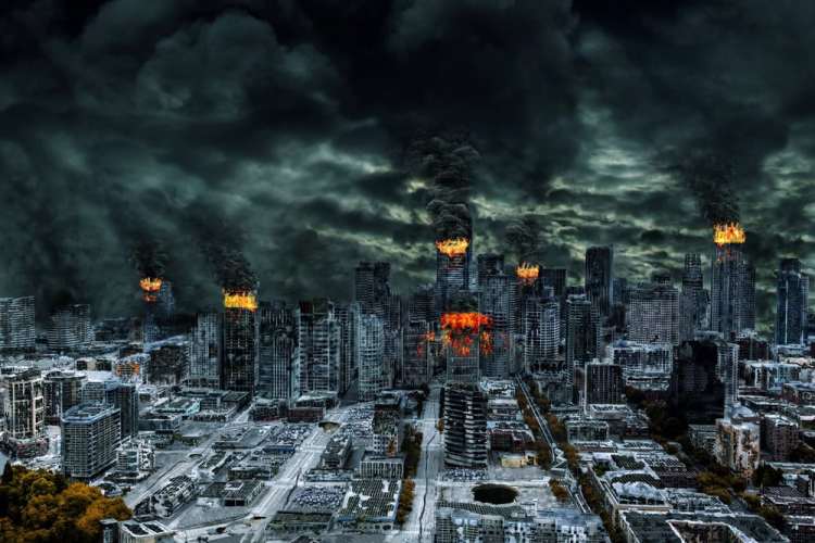 Image of a destroyed city with a dark sky