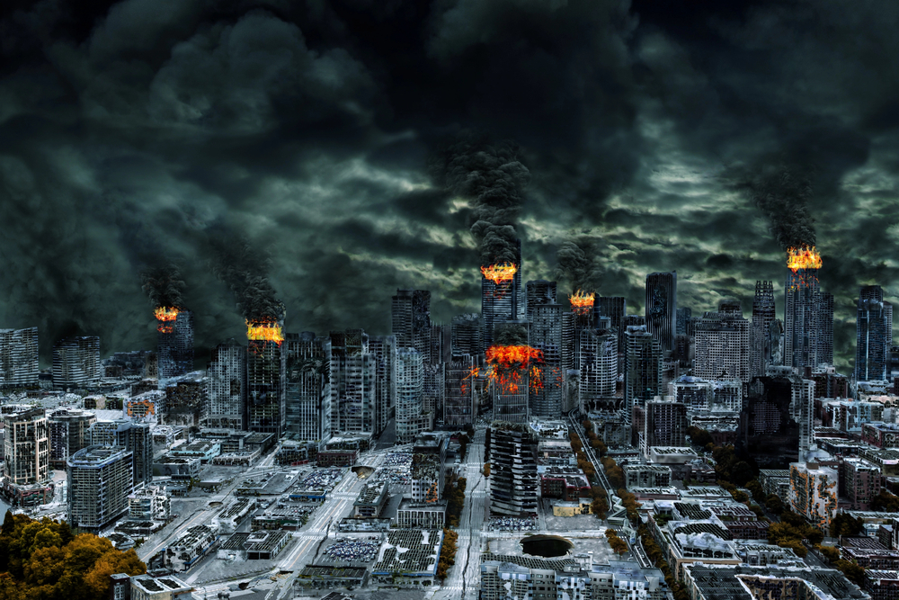 Image of a destroyed city with a dark sky