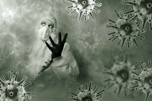 Image of a pandemic floating like smoke around a doctor in black gloves, scrubs, and a mask; disease concept