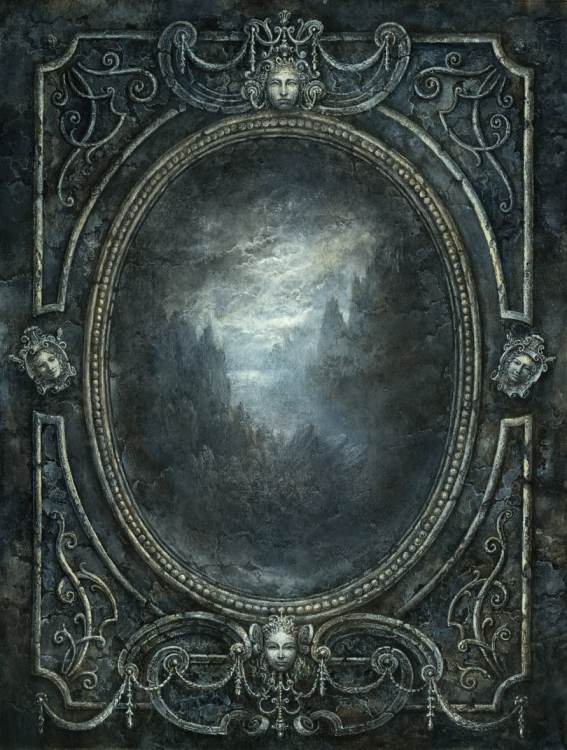Surreal baroque mirror/frame, gloomy mountain landscape inside. Handmade painting, acrylic on paper