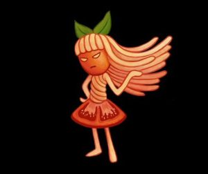 image of sassy spaghetti Angry Noodle character against a black background