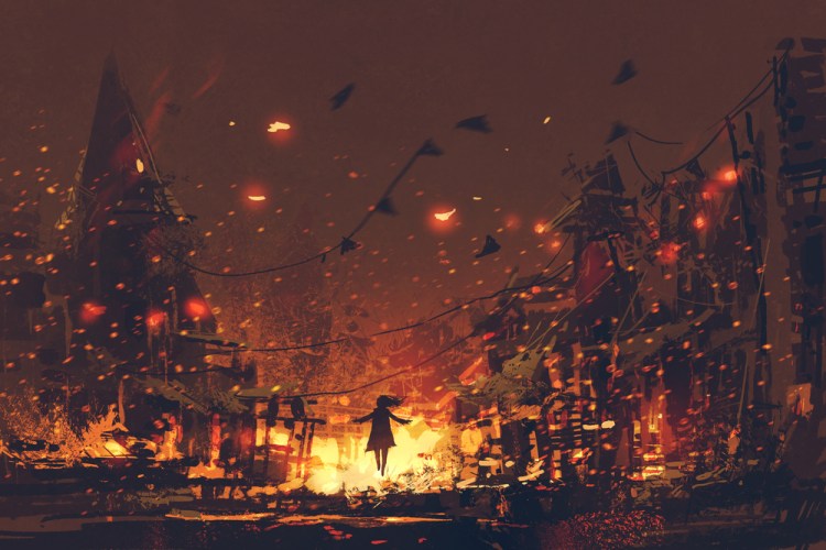 silhouettes of woman with a burning village in the background