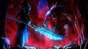 A warrior with a glowing blue spear faces off against an enormous werewolf