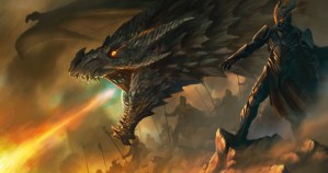Fantasy scene: a warrior looks down at a battlefield next to a fire-breathing dragon and a group of soldiers