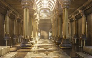 A hyper-realistic fantasy 3D interior of a temple. Majestic golden pillars and marble floors; the five senses: sight