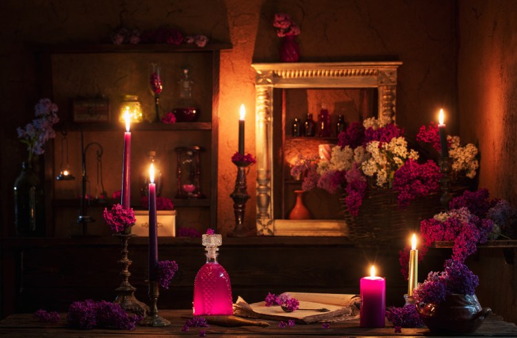 magic potion of lilac flowers in the witch's house; five senses, sense of smell