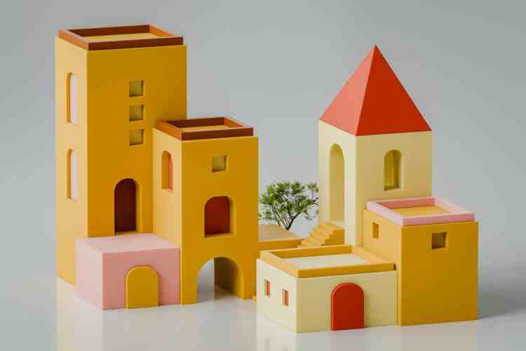 Colorful toy building architecture in abstract minimalist style