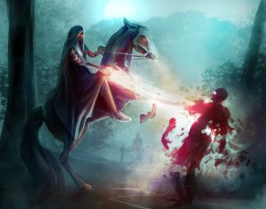 Fantasy horseman in a hood fighting zombies in dark woods, blasting apart a zombie with a burst of red magic