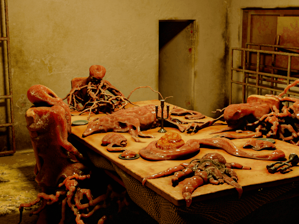 scary SCPs, scp-610 victims, a long table with infected victims, piles of flesh and stringy pieces of meat scattered on and around the table