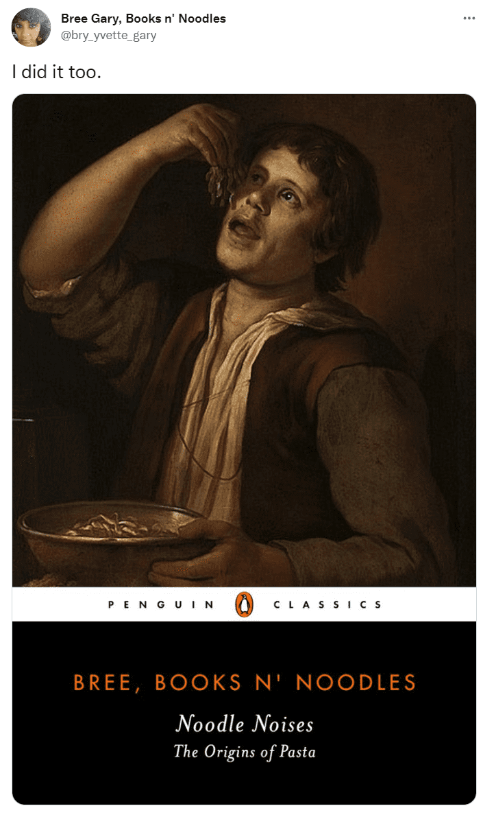 Penguin Classics cover with a dude eating some noodles, titled 'Noodle Noises'