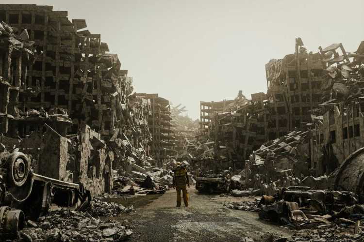 The lone survivor stands in the middle of the street in the destroyed city, 3D render