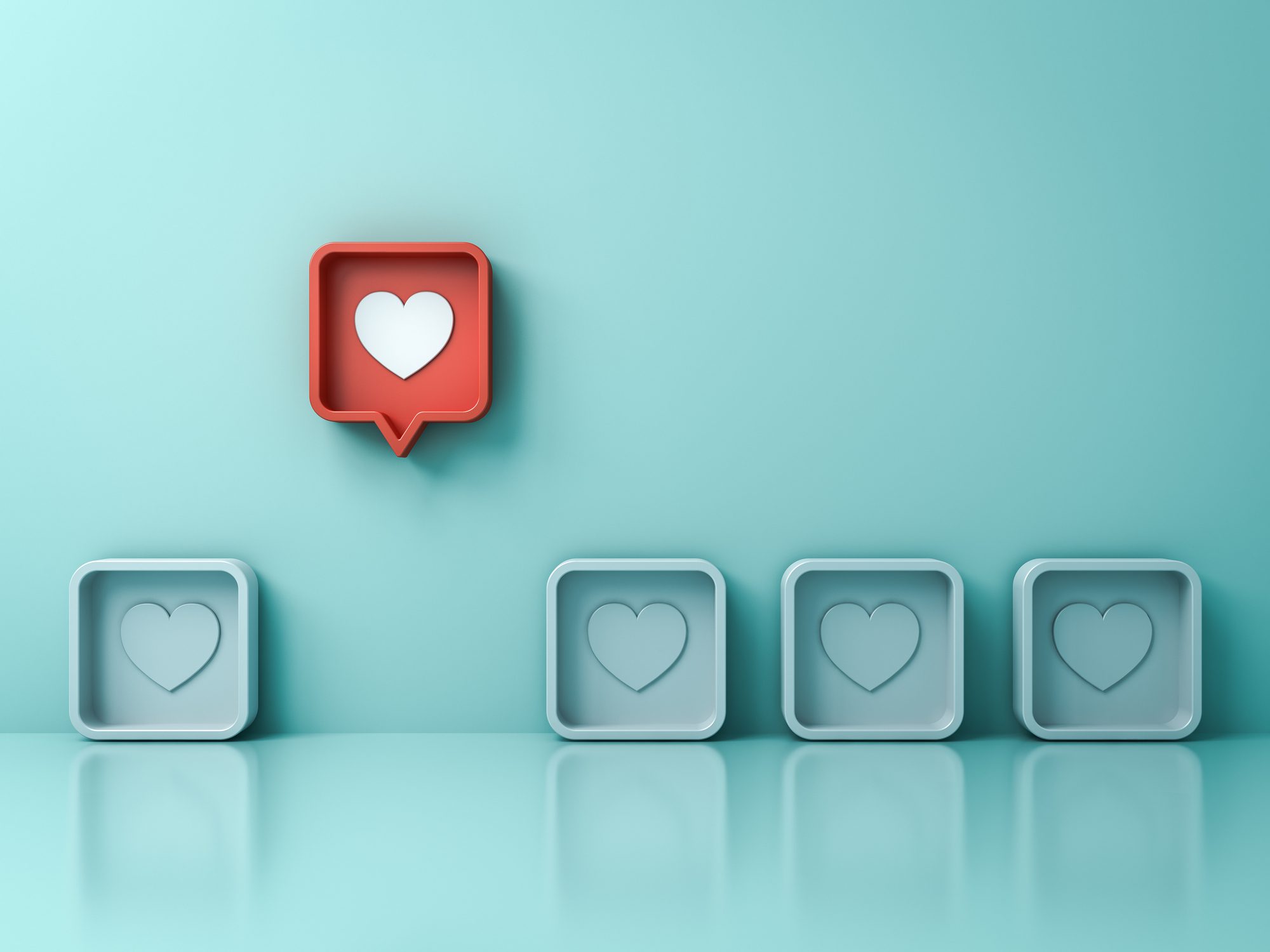 One red 3d social media notification love like heart pin icon pop up from others on light green pastel color wall background 3D rendering