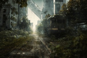 abandoned city with overgrown grass and crumbling buildings, a lonely horror story