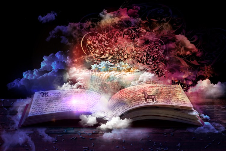 and open book with clouds and colors erupting out of it
