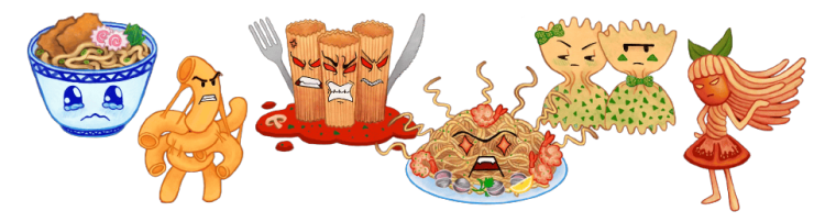 a line of angry noodles lined up, from left to right: Unhappy Udon, Mad Macaroni, Raging Rigatoni, Furious Fettucine, Peeved Pasta, and Sassy Spaghetti