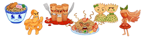 a line of angry noodles lined up, from left to right: Unhappy Udon, Mad Macaroni, Raging Rigatoni, Furious Fettucine, Peeved Pasta, and Sassy Spaghetti