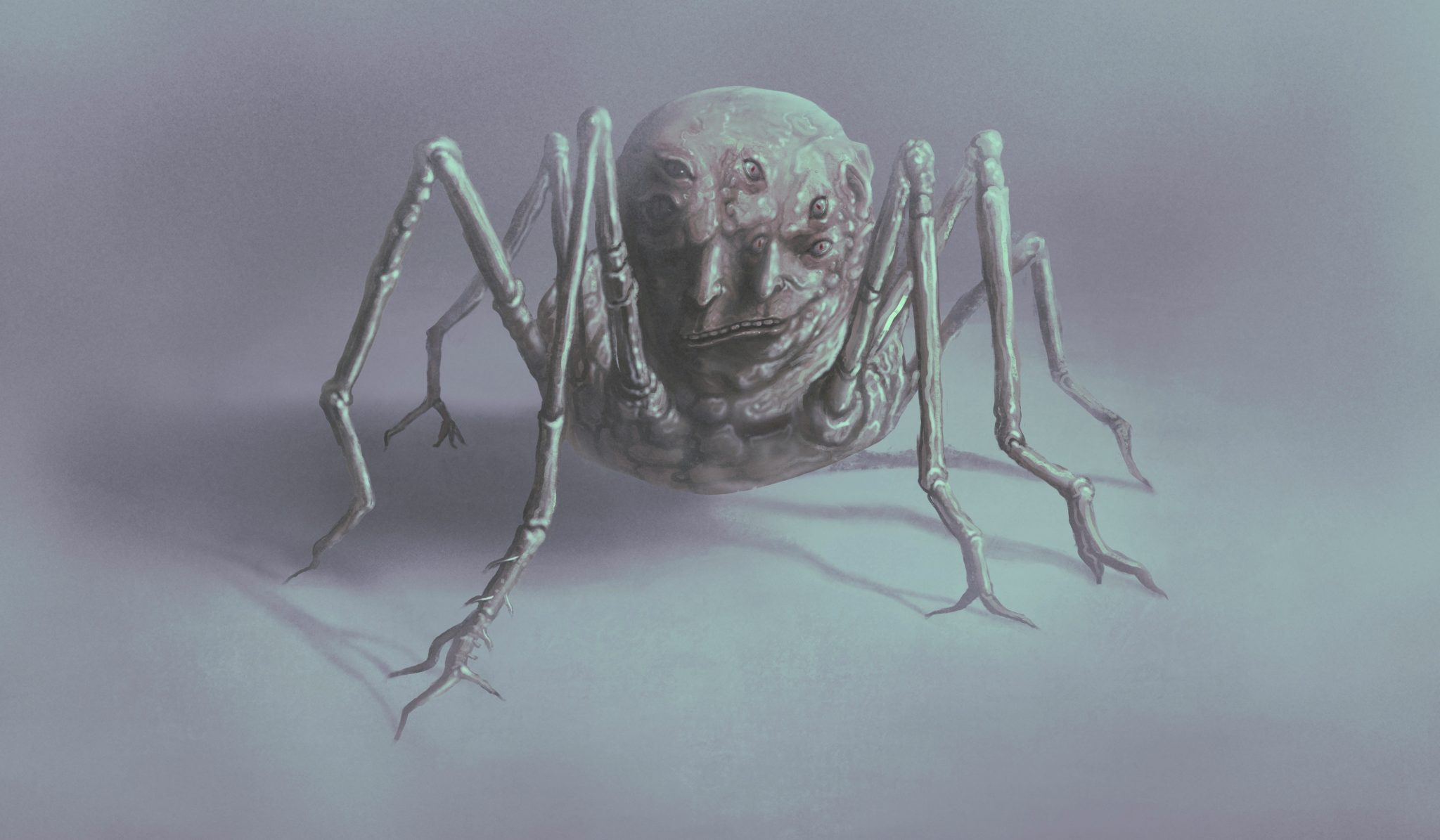 creepy illustration of a merged and melted face with several eyes and a body with spider legs sprouting out of it