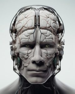 Image of a cyborg attached to wires; uncanny valley concept
