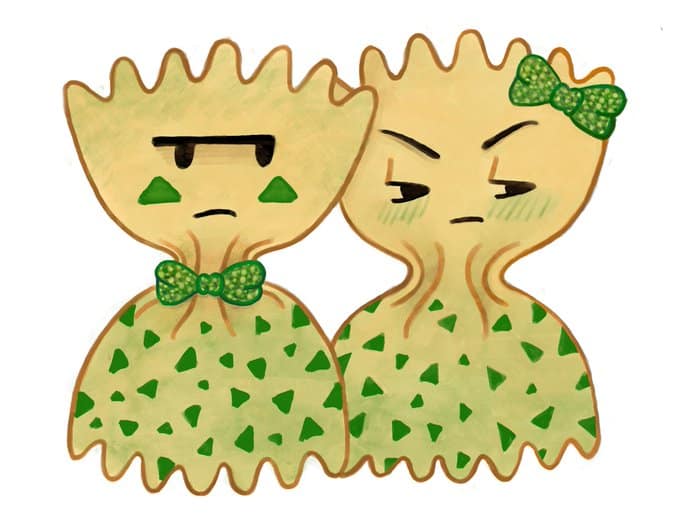 Digital illustration of Peeved Pasta, two suspicious-looking bowtie noodles, one with a bowtie and one with a bow