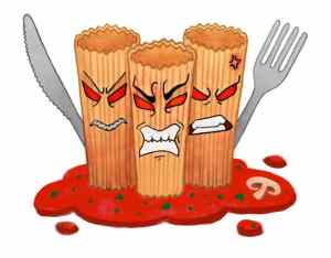 Digital illustration of Raging Rigatoni, three angry rigatonis. Rigatoni on the left has a knife, on the right a fork, and nothing in the center