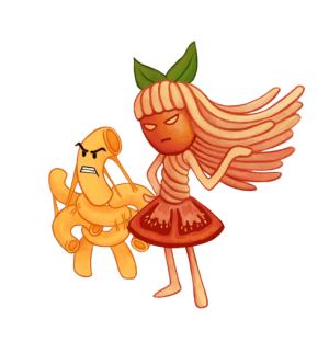 Image of Mad Macaroni and Sassy Spaghetti, a macaroni noodle with macaroni limbs and a sassy looking spaghtti lady with spaghetti noodle hair, body, and legs, a cilantro bow, a grape tomato head, and a tomato skirt