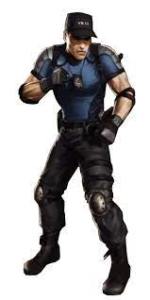 Stryker from the Mortal Kombat franchise, a white guy in blue riot cop uniform