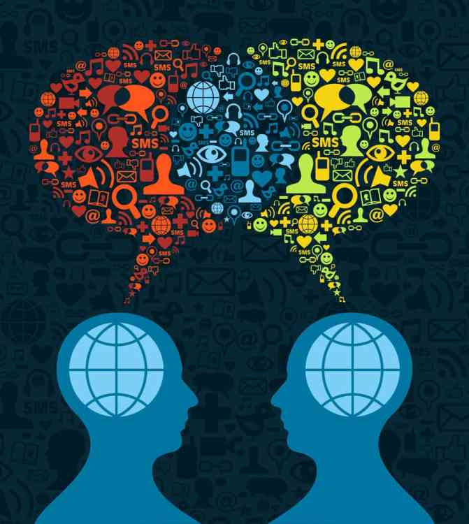 Two human figures face to face in conceptual social media communication on icon set blue background.