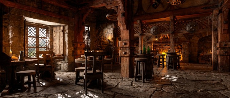 Wide panoramic view of the bar area in a fantasy medieval tavern with open fire in the background. 3D illustration