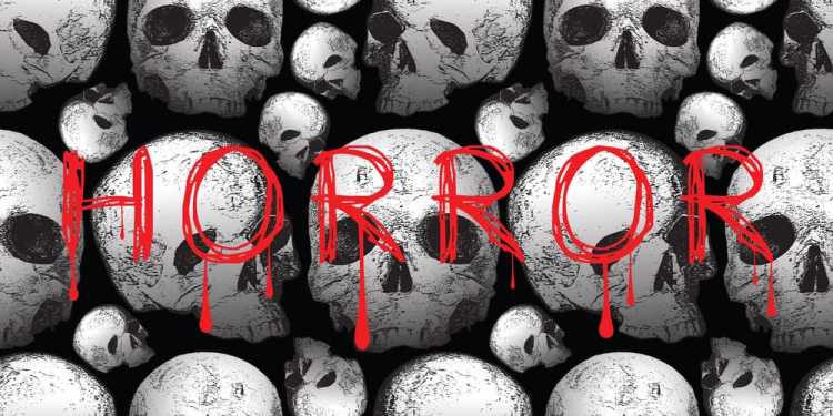 Vector image of a solid texture with skulls on a black background and the inscription horror