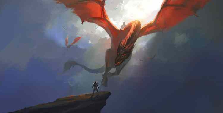 Final battle between a warrior and a dragon. A red dragon flies above a man in armor, with several other dragons flying around in the background