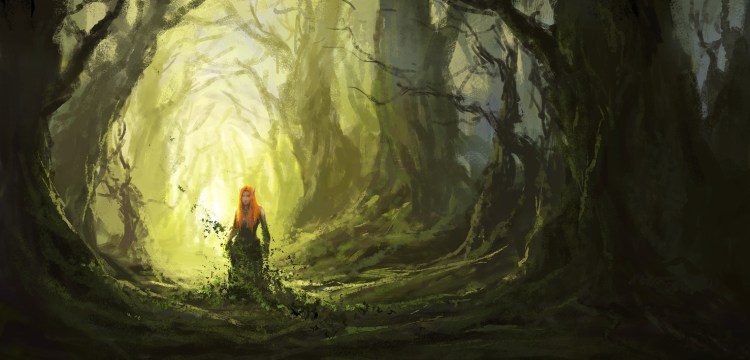 A dryad with red hair, pointed ears, and a dress made of leaves. She stands in the middle of a forest