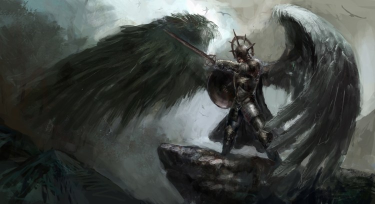 A fallen angel in armor and wielding a shield and sword. They wear a spiked crown helm and stand on a cliff side