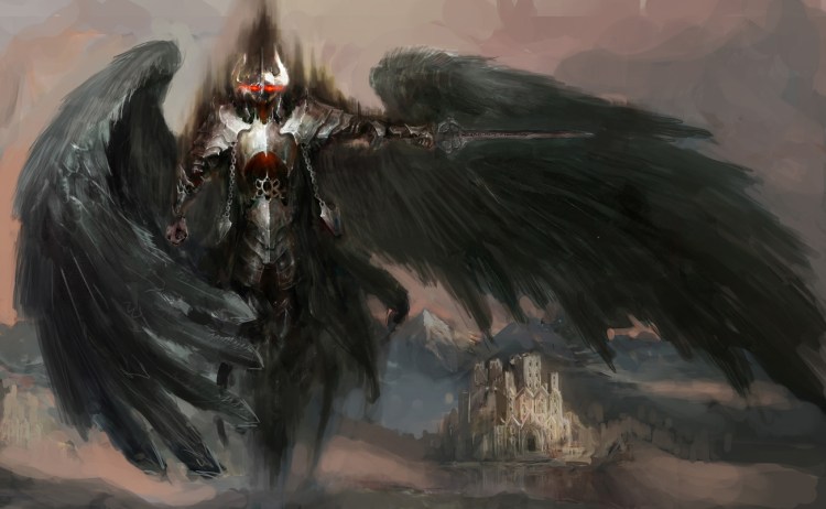 A dark angel in armor with blazing red eyes. It wields a sword and its left black wing is stretched out while its right black wing is folded inward. A white stone castle and a mountain range are behind it in the distance