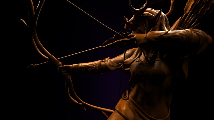3D illustration of an elven ranger in a crown of wood. Their bow is strung and pointed in the distance, and they wear a leather tunic and a quiver on their back