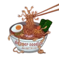Image of danger noodles: a bowl of ramen noodles with little snake nodles, an egg for an eye, and a bowl that says, "danger noodles, do not boop"